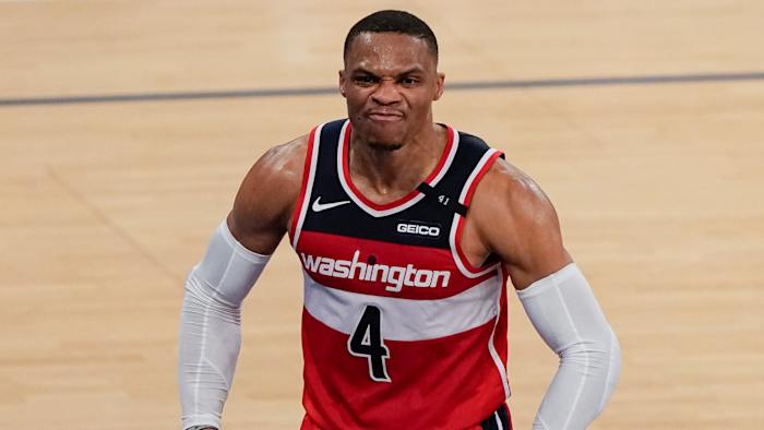 Russell Westbrook reacts after a dunk.